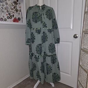 Sage Green Tree-Print Maxi Dress with Tie Neck